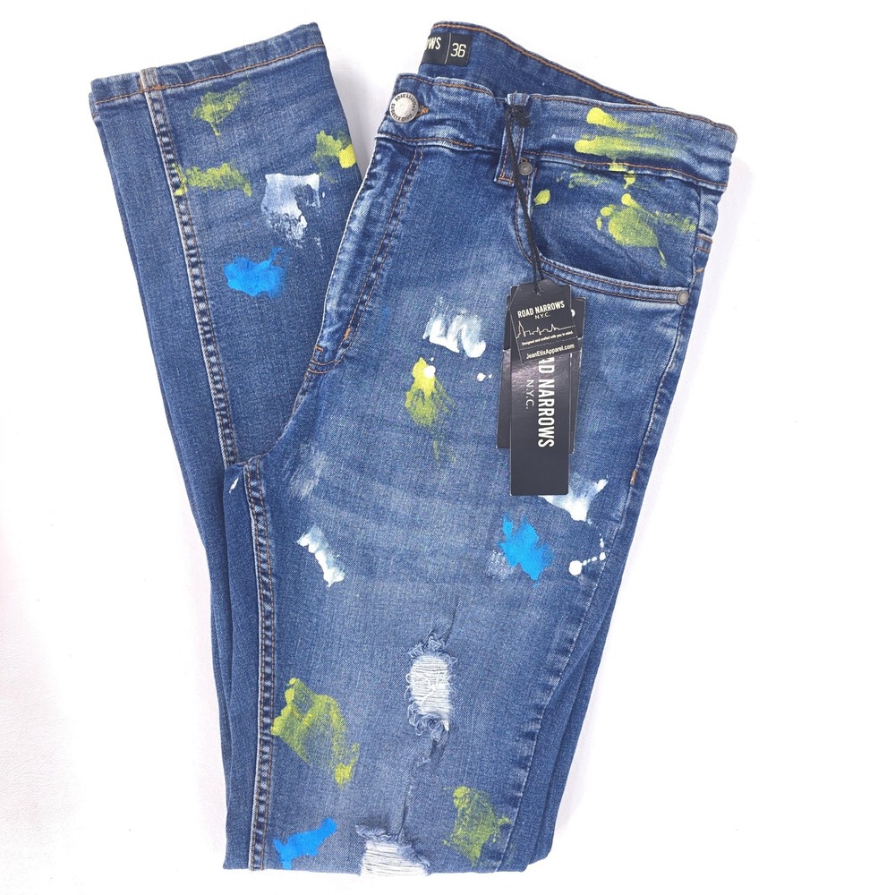 Road Narrows Custom Paint-Splatter Jeans Mens 34x32 (Tag‎ 36) Distressed Stretch
